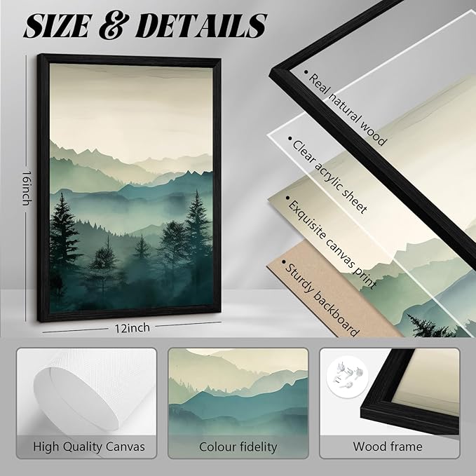 Mountain Wall Art Decor Set of 3 Sage Green Forest Canvas Wall Art Prints Nature Landscape Wall Decor Watercolor Pine Tree Pictures Abstract Modern Painting for Living Room Bedroom 12x16 Inch Framed