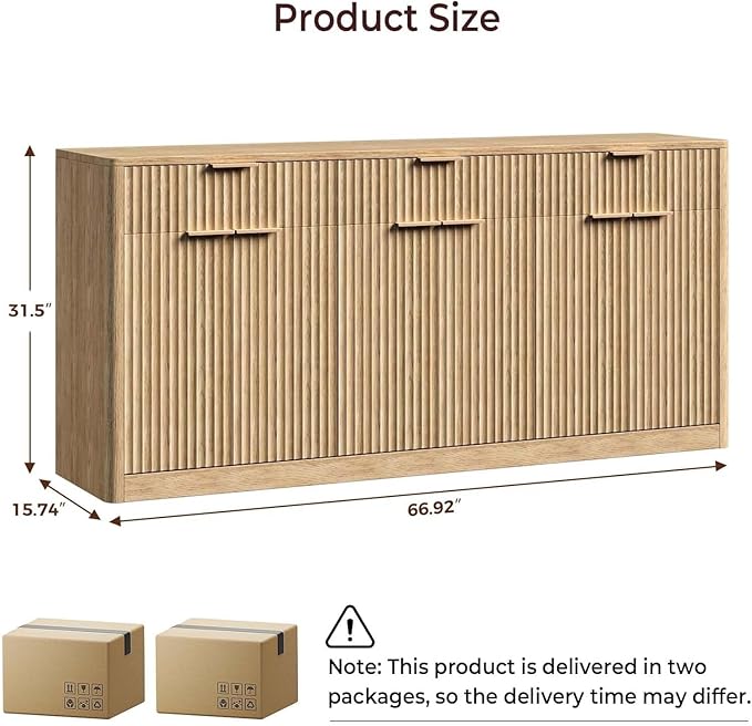 Evermagin 67" Fluted Oak Sideboard Buffet Cabinet with 3 Drawers, Modern Credenza with Storage, Console Coffee Bar Cabinet for Kitchen, Living Room and Entryway (67" W x 31.5" H x 15.7" D)