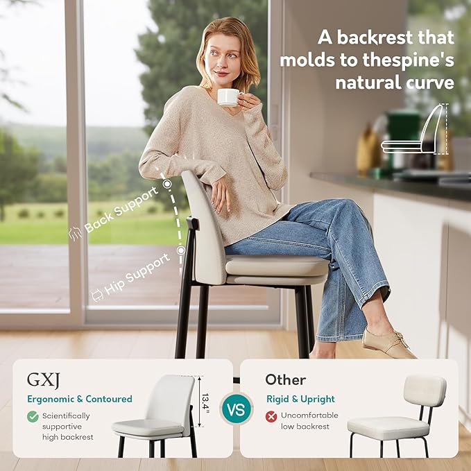 GXJ Bar Stools Set of 4, Upholstered Counter Height Bar Stools, 26 Inch Modern Counter Stools with Back, Textured Leather&Fabric, Metal Legs,Barstools for Kitchen Island Dining Room, White