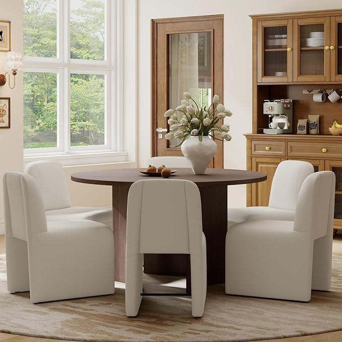 Hyfirm Upholstered Dining Chairs Set of 6, Modern Armless Desk Chair with Metal Footrest for Diningroom Bedroom Livingroom Reading Room,White Fabric