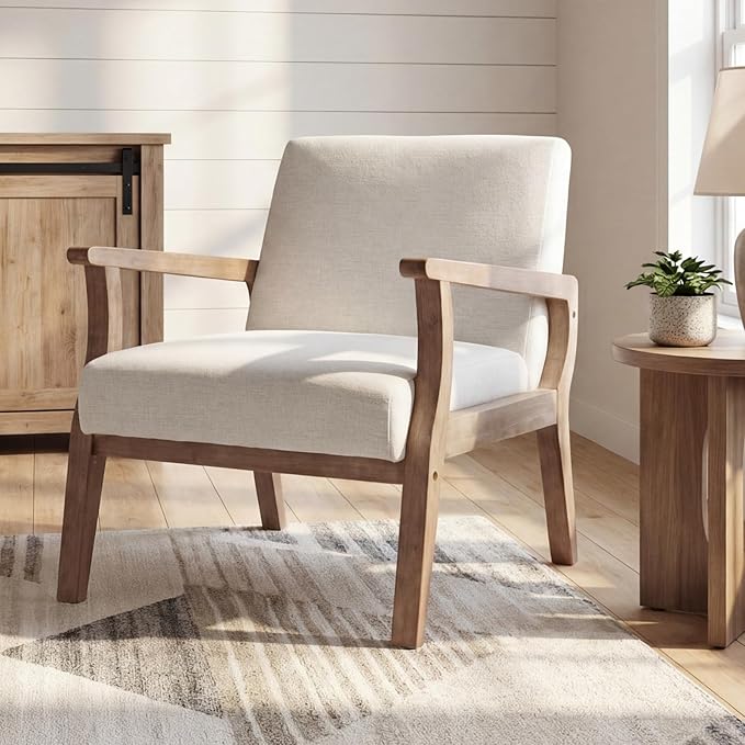 BESTANO Accent Chair Mid Century Modern Armchair, Linen Upholstered Living Room Accent Armchair with Wood Frame, Farmhouse Chair Indoor Corner Chair for Living Room Bedroom, Ivory