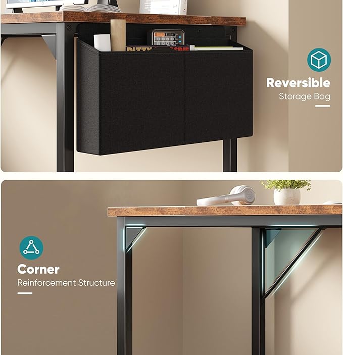 OLIXIS Computer Desk 63 Inch Home Office Desks for Small Spaces, Gaming Writing Study Work Table with Storage Bag and Headphone Hook for Bedroom, Rustic Brown