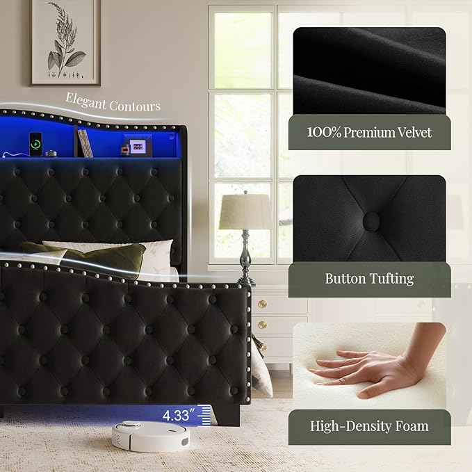 Belffin King Size Bed Frame and Headboard, 50.9" Velvet Upholstered Wingback Bedframe with LED Lights & Storage/Charging Station, Button Tufted Tall Footboard, No Box Spring Needed, Noise-Free, Black
