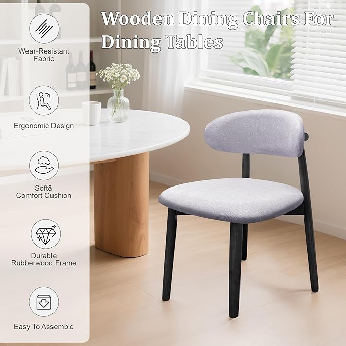 Farmhouse Dining Chairs Set of 8, Mid Century Modern Fabric Upholstered Kitchen Chairs, Wooden Dining Room Chair with Curved Back&Black Legs for Kitchen Dining Room Restaurant Cafe, Blue (Only Chairs)
