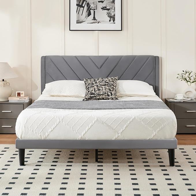 Queen Bed Frame with Headboard, Bed Frame Queen Size with Sturdy Wooden Slats Support, Platform Bed Frame with Velvet Upholstered Headboard, Mattress Foundation, Easy Assembly, No Box Spring Needed