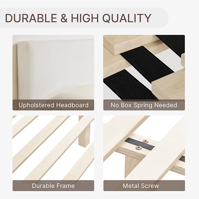 KISLOT Upholstered Queen Size Bed Frame, Boucle Fabric Platform Bed Mattress Foundation Noise-Free No Box Spring Needed Easy Assembly