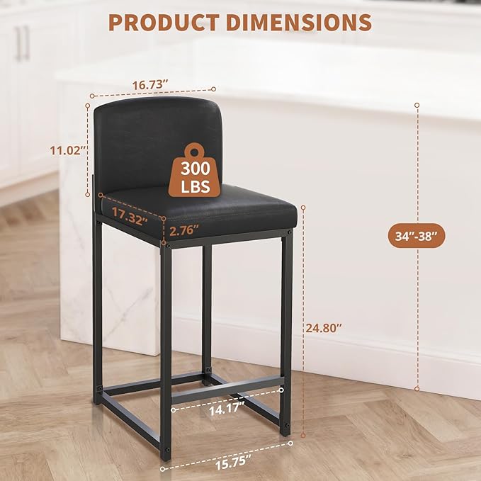 GarveeHome Bar Stools Set of 2, Modern Counter Height Bar Stools with Back and Footrest, Faux Leather Upholstered Barstools Chairs for Kitchen Island Dining Room Bar, Black