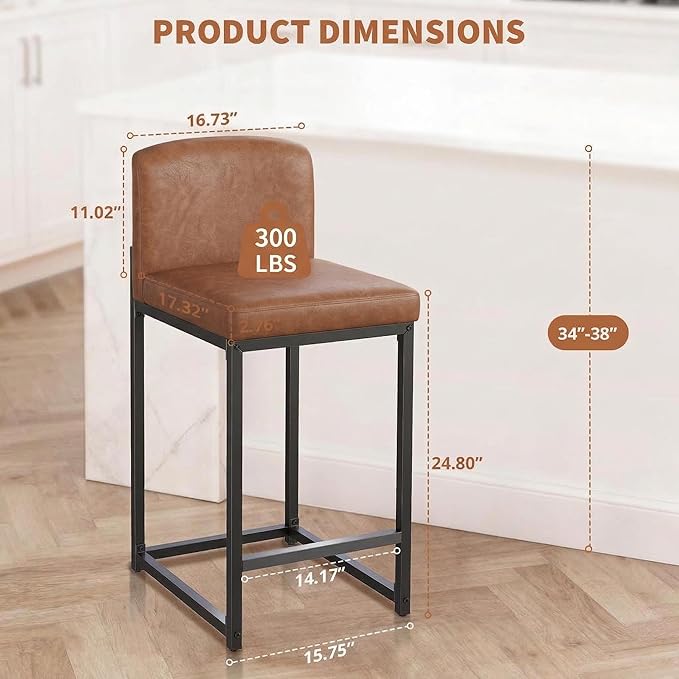 GarveeHome Bar Stools Set of 6, Modern Counter Height Bar Stools with Back and Footrest, Faux Leather Upholstered Barstools Chairs for Kitchen Island Dining Room Bar, Brown