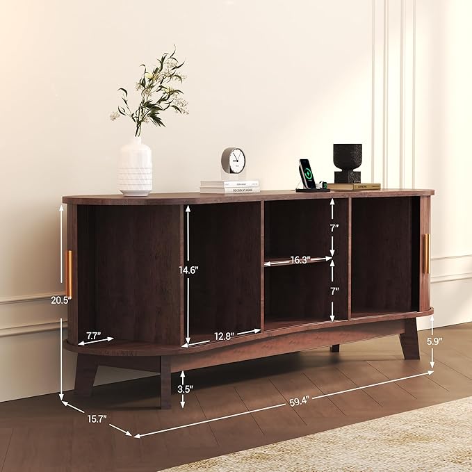 Mid Century Modern TV Stand for 65 Inch TVs, Fluted TV Stands with Open Shelves and Sliding Door, Media Cabinet with Power Outlet, Entertainment Center with Storage for Living Room, Red Brown