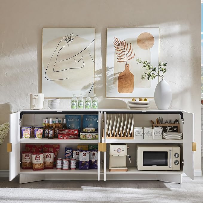 IFGET Modern Buffet Cabinet with Storage, 70" Large Sideboard Buffet Storage Cabinet with 4 Doors and Adjustable Shleves, Wooden Curved Coffee Bar for Dining Room, Kitchen, Living Room, White