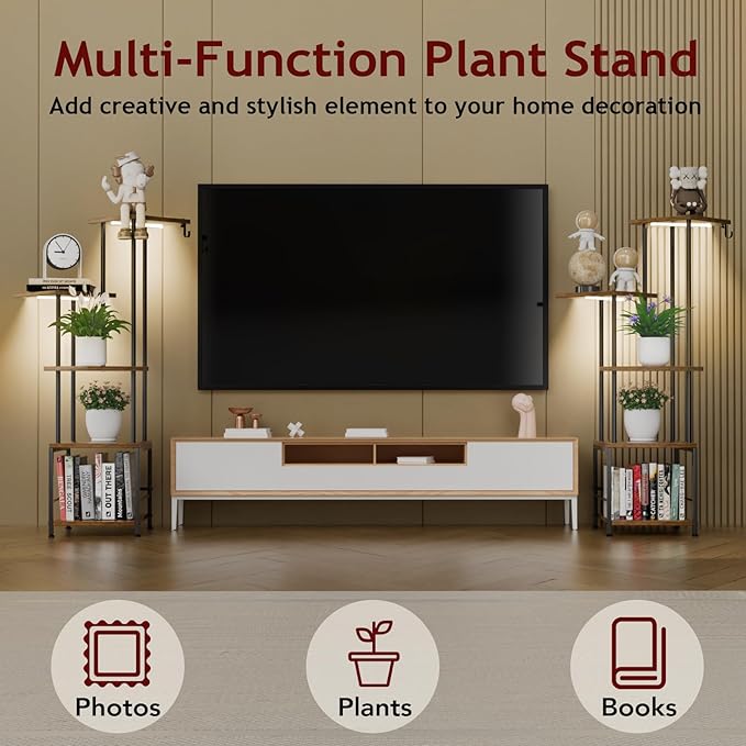 Homsorout Plant Stand Indoor with Grow Light, 5-Tiered Tall Plant Stand Indoor, Metal Plant Shelf with Hanging Basket Hook and Adjustable Light, Ideal for Living Room, Garden, Patio (Black Brown)