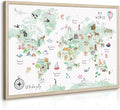 Joocrise Green Kids World Map Wall Art Animal Map Canvas Art Nursery Wall Decor World Map Poster Childrens Room Decor Playroom Prints Educational Artwork 16x24 Inch Wood Frame
