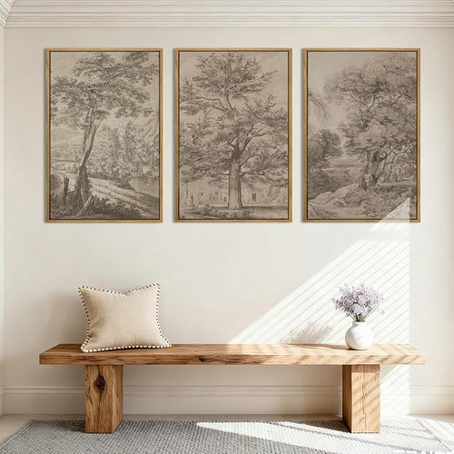 Anyzal Large Vintage Tree Sketchbook Wall Art 16x24 Inch Framed Neutral Forest Landscape Minimalist Woodsy Artwork for Living Room Bedroom Office Set of 3