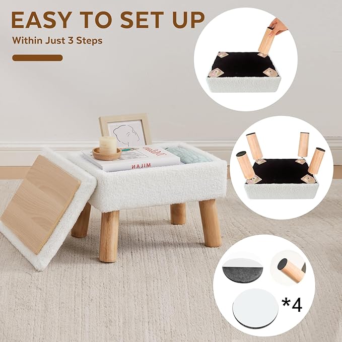 Storage Ottoman, Small Foot Stool Ottoman with Storage, Teddy Velvet Foot Rest with Wood Legs, Footstool for Living Room, Bedroom, Entryway, White