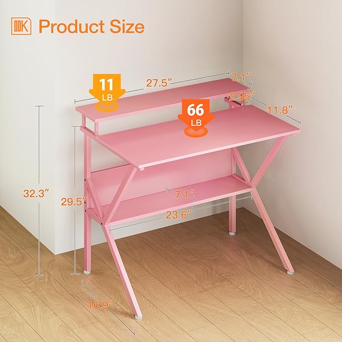 ODK Small Desk, 27.5 Inch Computer Desk for Small Spaces, Study Desk with Storage & Monitor Stand, Pink