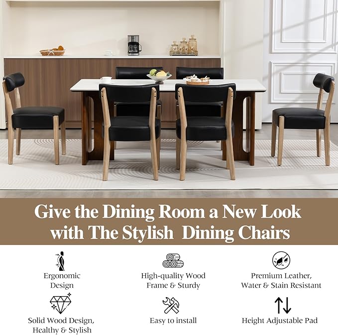 ZJhome Modern Dining Chairs Set of 6 – Mid-Century Modern Faux Leather Upholstered Kitchen & Dining Room Chairs with Curved Back, Oversized Rounded Seat, Sturdy Wood Frame, Black
