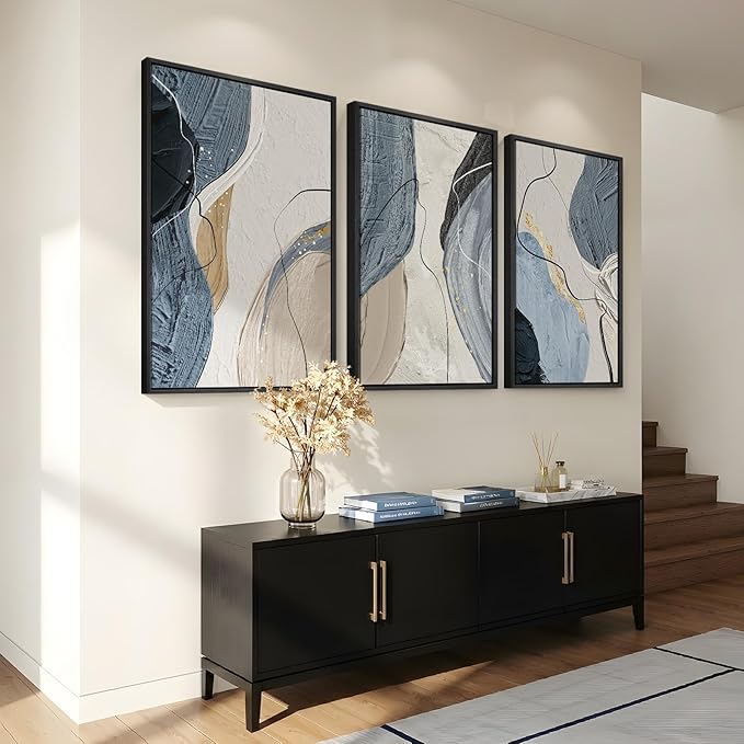 Large Framed Abstract Wall Art for Living Room, Set of 3 Modern Canvas Artwork for Wall, Blue Gray Minimalist Prints Paintings for Bedroom Hallway Office Wall Decor, 24 x 36 Inch