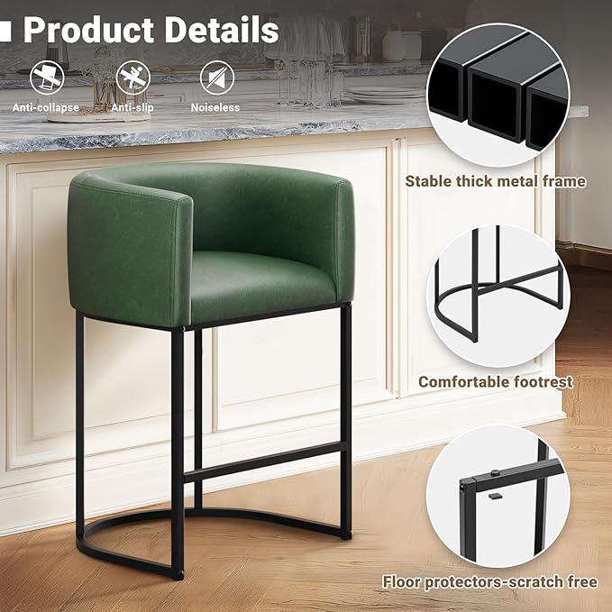 26" H Counter Height Bar Stools Set of 2, Modern Barrel Counter Stools with Backrest and Arms, Faux Leather Upholstered Accent Barstools for Kitchen Island,Support 450 LBS (Green)