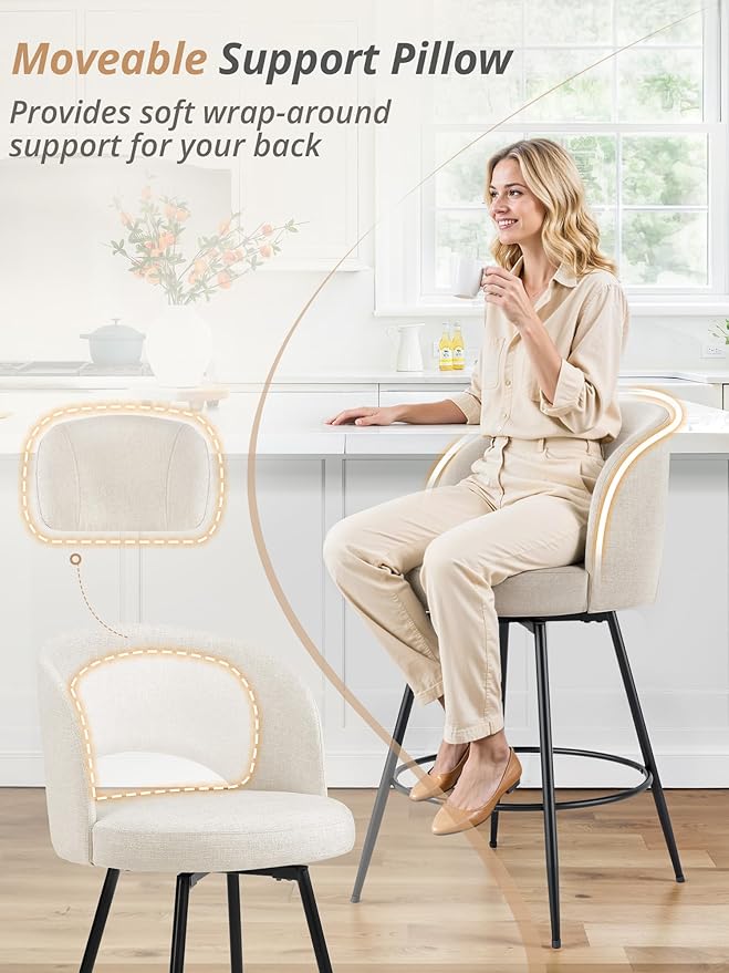 LUE BONA 26''H Swivel Bar Stools Set of 4, Counter Height Bar Stools with Backs, Lumbar Pillow and Black Metal Frames, Upholstered Morden Barstools for Kitchen Island, Linen Farbic, Linen Color