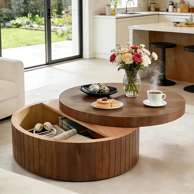 31.5” Modern Round Coffee Table, Circular Wood Center Table with Storage, MDF Accent Dinning Table for Living Room, Apartment,Office,Courtyard, No Assembly.(Walnut)