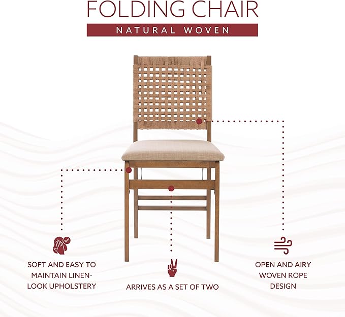 Linon Bennett Natural Folding Chair with Woven Rope Back and Linen Upholstered Seat Set of 2