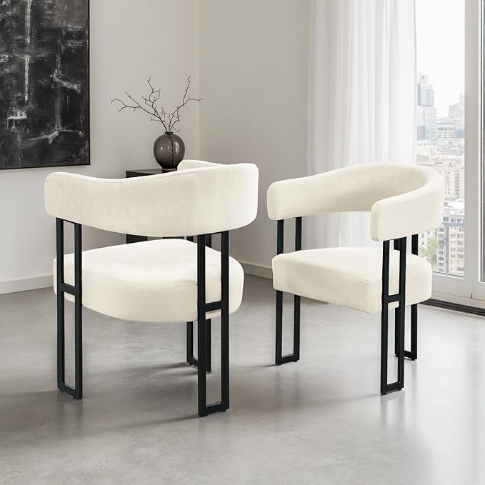 SIMTONAL Mid-Century Modern Dining Chairs Set of 6, Armrest Barrel Dining Chairs Side Accent Chairs with Curved Back, Upholstered Armchairs for Kitchen, Soft Teddy Fleece Surface, White