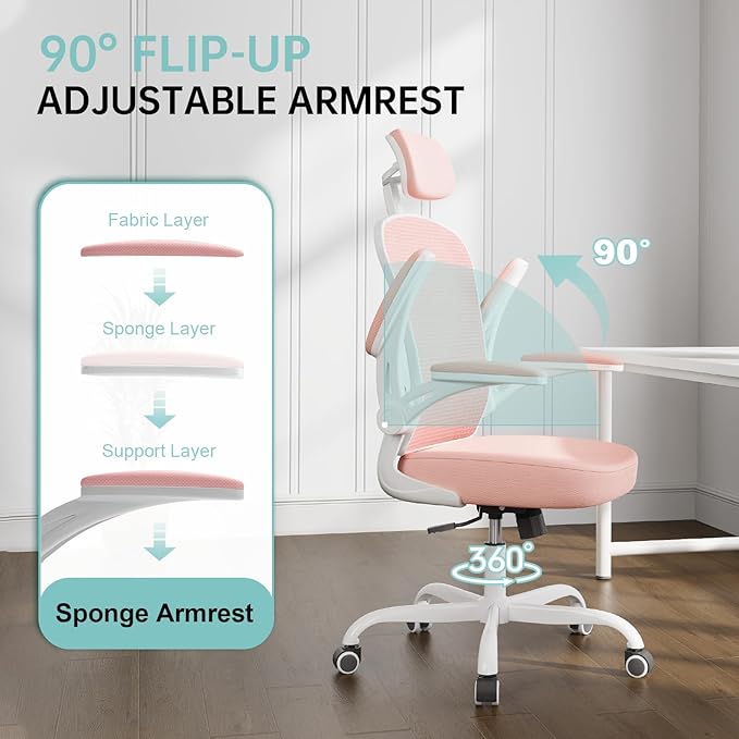 Office Chair Ergonomic Desk Chair, 330LBS Capacity, High Back Computer Design for Long Hours Comfort, Rolling Swivel Executive Task for Home Office with Flip-up Armrests, White Pink