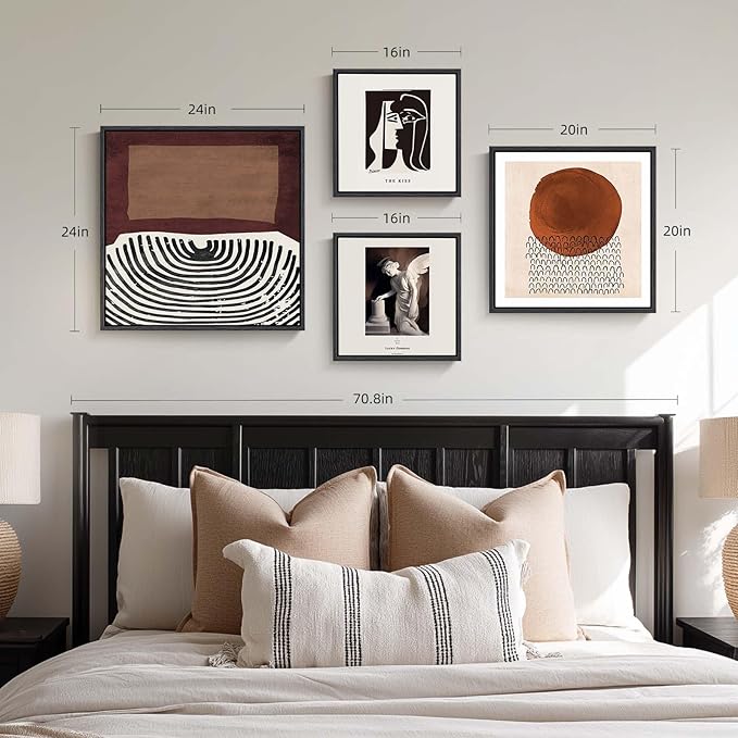 Large Framed Mid Century Wall Art for Living Room, Set of 4 Neutral Brown Black Minimalist Canvas Prints Painting, Modern Abstract Picture Artworks Wall Decor for Bedroom Office Hallway