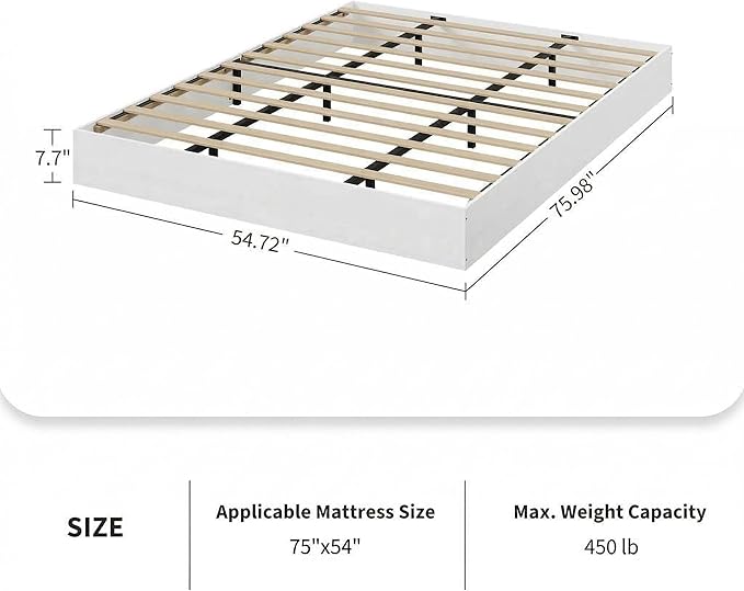 Garvee Full Size Wood Platform Bed Frame, Floor-Standing No-Gap Design, Modern Minimalist No Headboard Bed Frame, Wood Slat Support, No Box Spring Needed, Easy Assembly, White