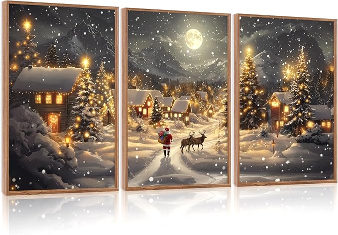 CHDITB Christmas Framed Canvas Wall Art Set, Happy Xmas Snowy Landscape Wall Decor, Holiday Winter Artwork, Santa Claus and Reindeer Painting, Vintage Xmas Art Prints for Living Room Bedroom 24"x36"x3