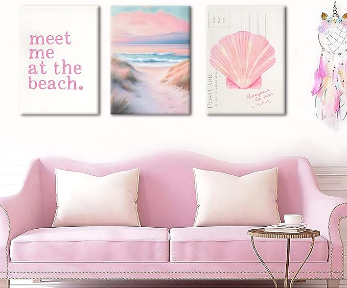 Yudinbin Framed Pink Beach Preppy Coastal Canvas Wall Art Girls Aesthetic Room Decor Painting Poster Print for Girls Bedroom Dorm Home 16x12 in