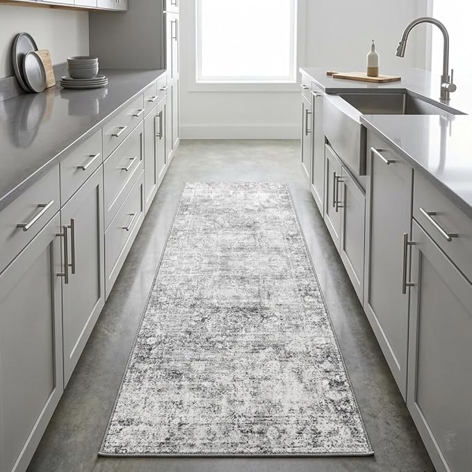 Homemate Washable Rug 2x6 Area Rugs - Vintage Faux Wool Rugs for Living Room Bedroom Dining Room - Non Slip Foldable Carpet Indoor Area Rug for Home Decor（2'x6', Grey