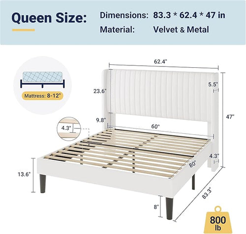 Allewie Queen Size Velvet Bed Frame/Vertical Channel Tufted Wingback Headboard/Upholstered Platform Bed/Strong Wooden Slats/No Box Spring Needed/Easy Assembly/White