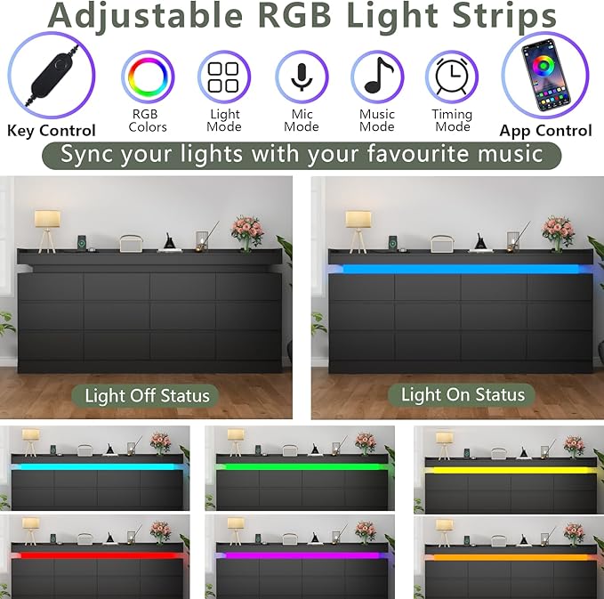 Gyfimoie 12 Drawer Dresser with Power Outlet, Dresser with LED Light, Modern Chest of Drawers for Closet, Double Wide Drawer Organizer Cabinet for Bedroom, Living Room (Black, 12 Drawers)