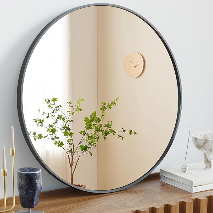 Sweetcrispy 20-inch Black Round Wall Mirror, Circle Bathroom Mirrors with Metal Frame, Wall-Mounted Mirrors for Living Room, Bathroom, Entryway