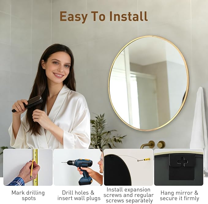 NEWBULIG 24 Inch Round Wall Mirror, Bathroom Mirror for Over Sink, Matte Metal Framed Circle Vanity Mirror, Wall Decor for Bedroom, Entryway, Anti-Rust, Tempered Glass, Hanging or Leaning, Gold