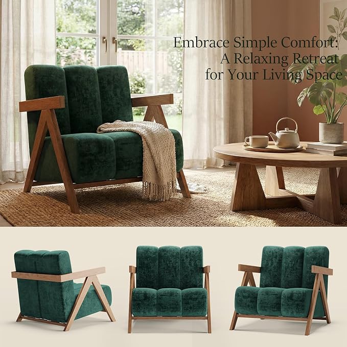 Modern Accent Chair for Living Room Bedroom,Comfy Chenille Reading Chair with Wood Frame,Oversized Upholstered Lounge Armchair with Thick High-Elastic Sponge for Apartment & Waiting Room (Green,1)