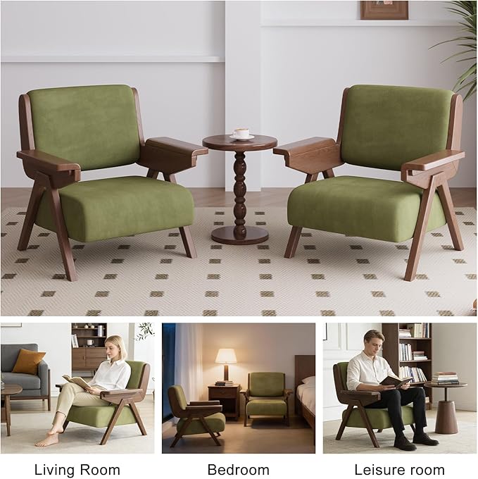 Accent Chair Mid Century Modern Chair, Velvet Upholstered Lounge Arm Chair with Solid Wood, Cozy Reading Chair for Living Room, Bedroom, Balcony (Green, Single Chair)