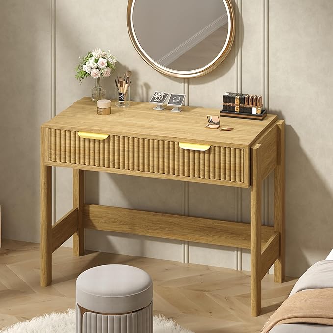 YOMILUVE 34 Inch Small Computer Desk with Drawer, Fluted Computer Desk with Storage, Wooden Desks Compact Writing Study Table for Small Spaces, Oak