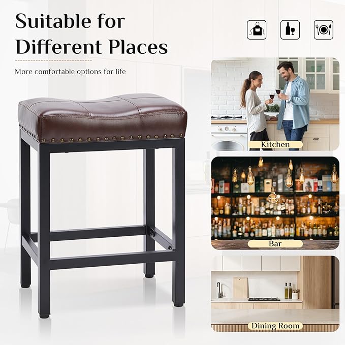 Sweetcrispy 24 inch Bar Stools Set of 6, Upholstered Modern Counter Height Bar Stools for Kitchen Island Modern PU Leather Sadless Stools Chair with Metal Base and Footrest,Brown