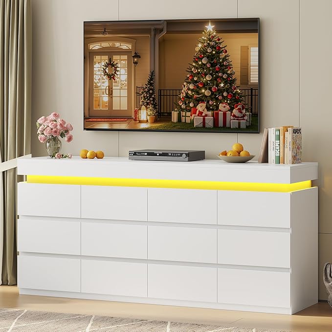 HAUOMS 12 Drawer Dresser with LED Light, White Modern Chest of Drawers for Bedroom,Long Dressers with Drawers for Living Room, Entryway, Hallway