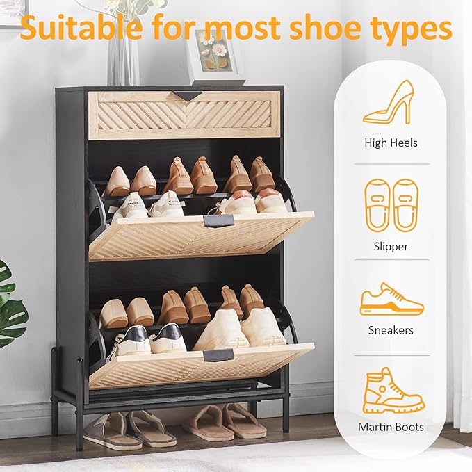 Shoe Cabinet Storage with 2 Flip Drawers, Narrow Hidden Shoes Organizer Cabinet for Entryway, Freestanding Slim Shoe Rack Front Door Entrance(Oak&Black)