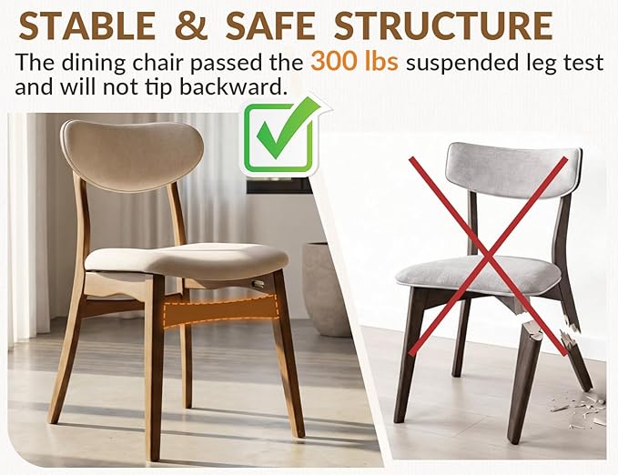 Wooden Dining Chairs Set of 4 - Farmhouse Fabric Upholstered Kitchen Chairs with Curved Back, Solid Wood Mid-Century Modern Side Chair for Dining Room, Beige & Walnut