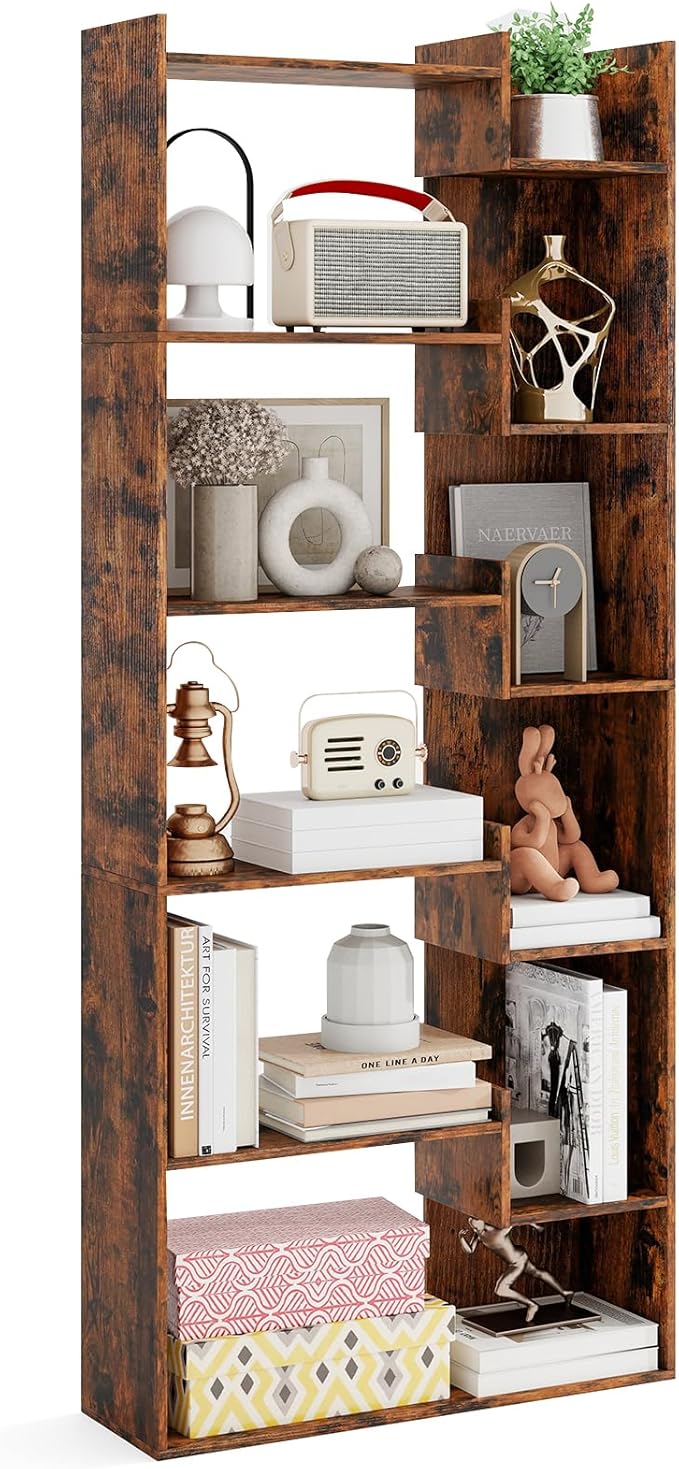 Tangkula 6-Tier Bookshelf, 64”H Tall Open Bookcase with Anti-Tip Kits, Home Office Free-Standing Wood Room Divider Display Shelf, Modern 11-Shelf Storage Rack for Study, Living Room (1, Rustic Brown)