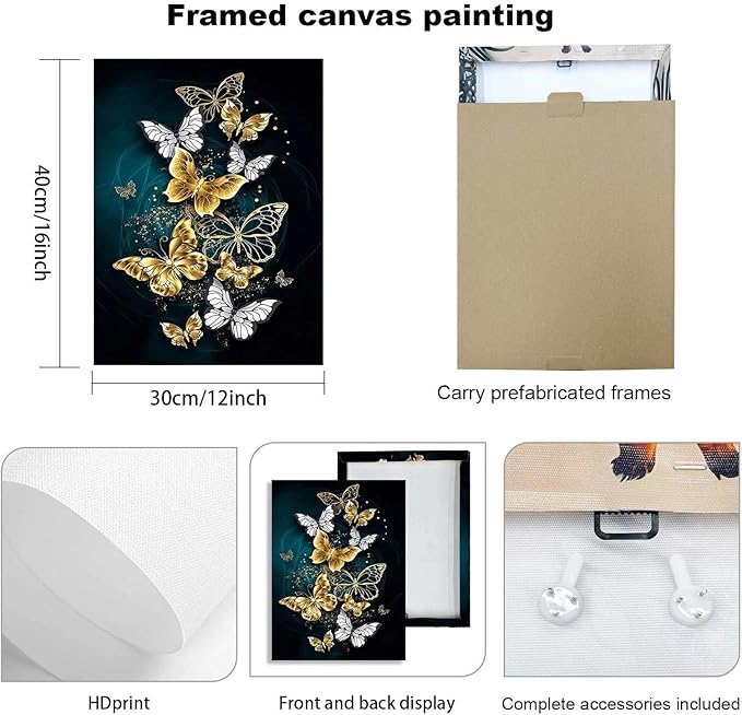 Modern Abstract Gold and Blue Butterfly Leaf Wall Art, 3 Piece Framed Canvas Set for Living Room Bedroom Office Wall Decor, 12x16 Inch, with Hooks and Nails