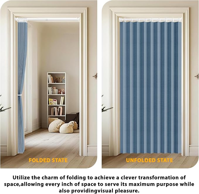 Jilron Accordion Door Curtain Set - 100% Blackout, with Curtain Rod Included, for Bedroom Privacy Protection (Blue-43 W x 78" L+Rod)