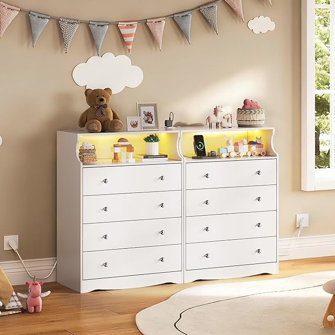 WLIVE White LED Dresser for Bedroom, Tall Wood Dresser with 4 Drawers and Open Shelf, Chest of Drawers with Power Outlet for Living Room, Hallway, Closet