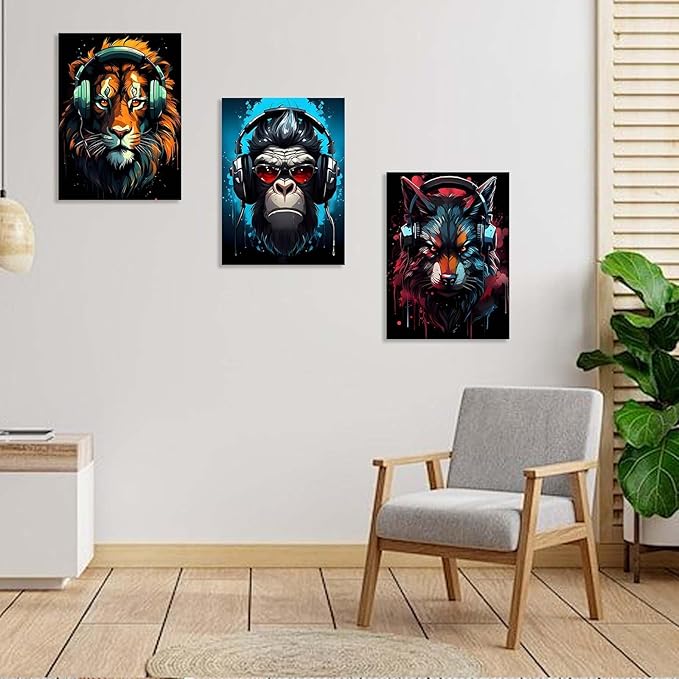 3 Piece Framed Canvas Wall Art, Modern Animal DJ Wall Decor with Lion, Monkey and Wolf, Colorful Pop Art Artwork for Living Room Bedroom Office Gaming Room, 12x16 Inch