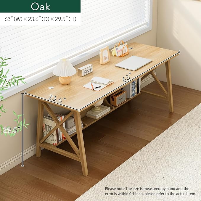 NELYE Extra Long Desk with Bookshelf - Wooden Home Office Work Study Table, 2-Person Writing Computer Workstation with Storage Shelf in Oak, 63" Wx24 Dx30 H