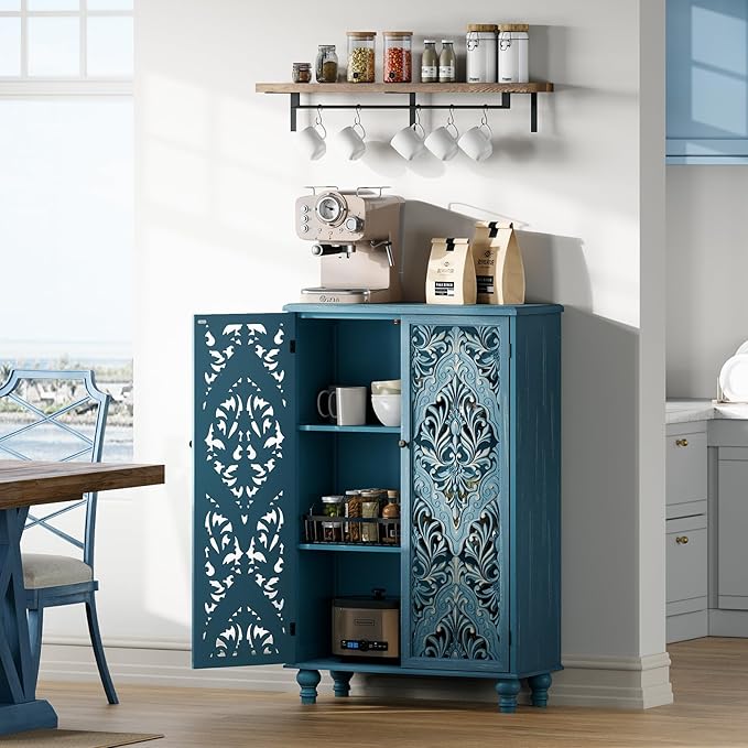 JOINICE 47" Tall Accent Cabinet with Navy Blue Mandala Carved Doors, Solid Wood Legs Storage Cabinet with 100 lbs Capacity, Boho Farmhouse Sideboard Buffet for Entryway, Living Room & Coffee Bar